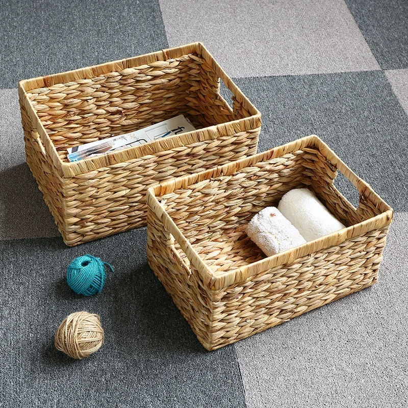 

Large Handmade Woven Storage Baskets Straw Storage Boxes with Handle Rectangle Cosmetic Toy Container Clothes Organzier Closet
