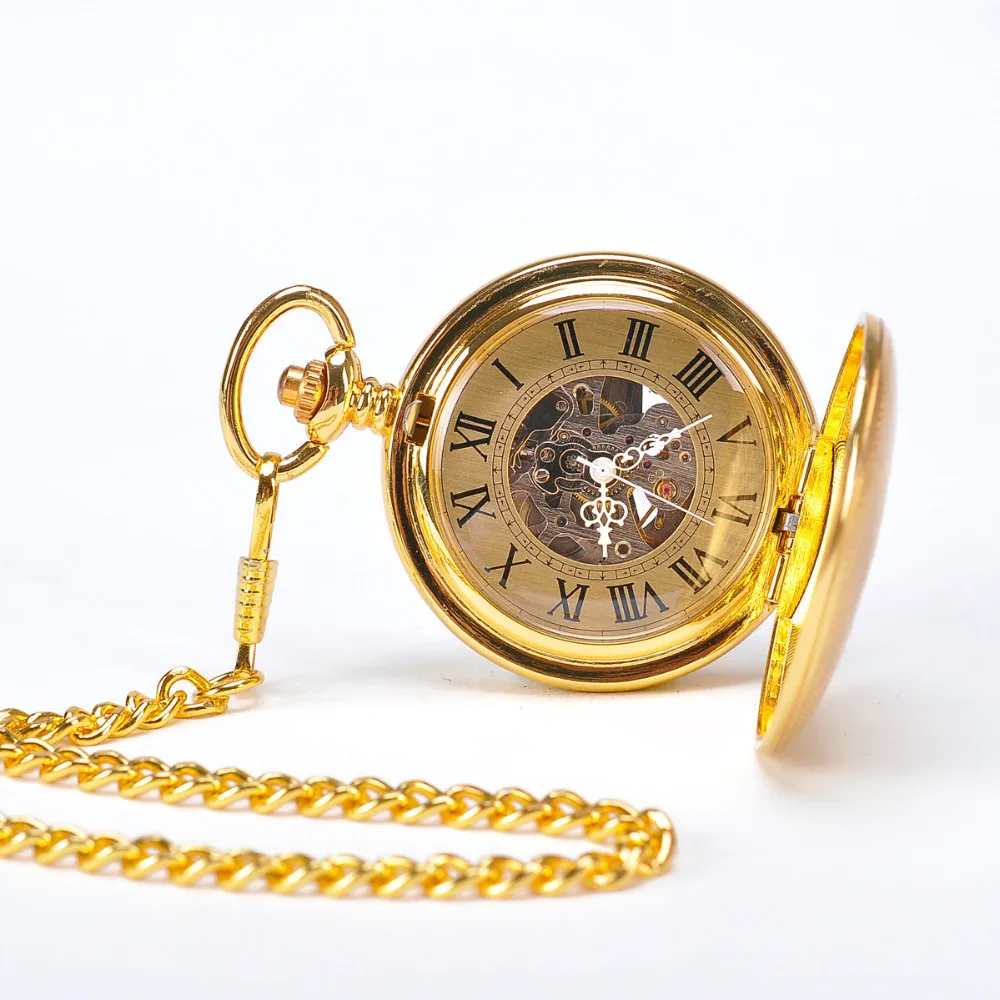 2 Pieces Luxury Vintage Mechanical Pocket Watch for Men Male Engraved Case Roman Numerals Dial Man Fob Chain Man Pendant Clock