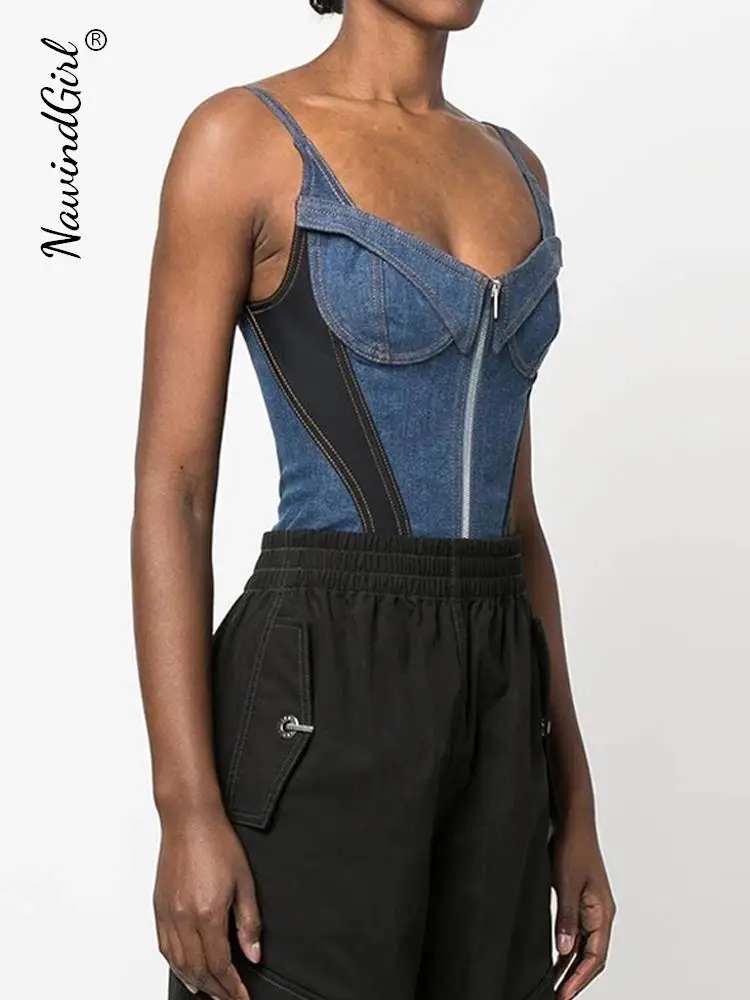 

Women Denim Patchwork Playsuits Sexy Zipper Square Collar Sleeveless Party Club Bodycon Female 2023 Summer Streetwear Jumpsuit