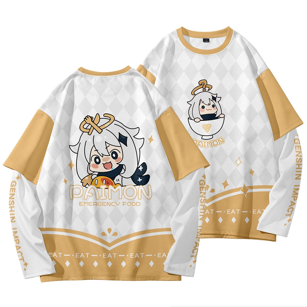 

Genshin Impact Paimon Autumn Long Sleeve Casual Loose Patchwork Tshirt Harajuku Funny Fake Two Pieces T Shirt Anime Cosplay Tops