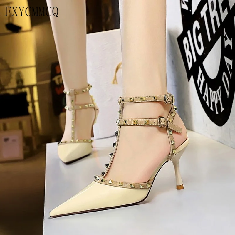

FXYCMMCQ Sexy Club Shows Thin High Heel Shallow Mouth Pointed Hollow Out Roman Style Metal Rivets Female Sandals