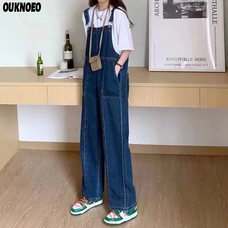 Женский джинсовый комбинезон на бретельках Синий Свободный в корейском уличном