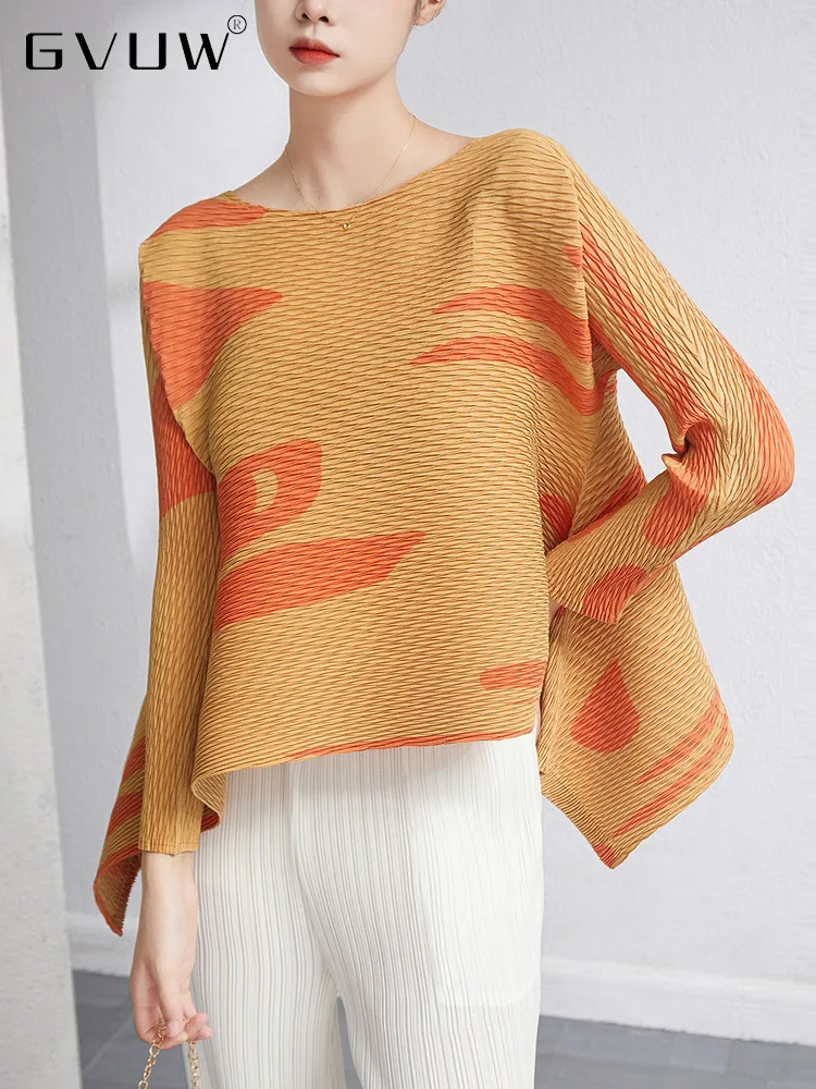 

Женская свободная футболка GVUW, асимметричная плиссированная футболка с длинным рукавом и круглым вырезом, Повседневная дышащая модная оде...