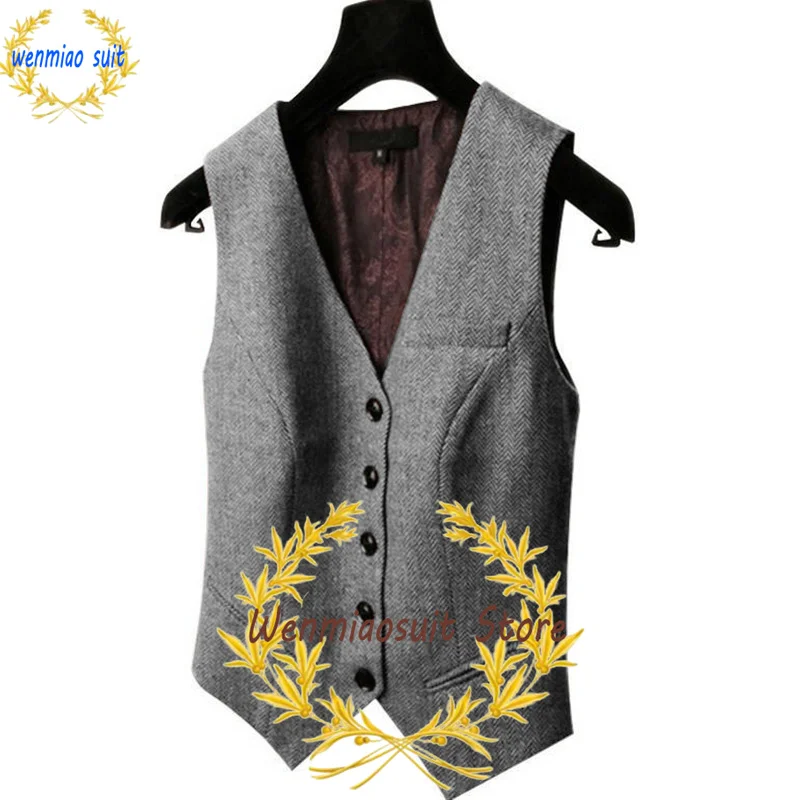 

Women's Suit Vest V-Neck 4 Button Sleeveless Jacket Herringbone Wool Vintage Waistcoat Lady Slim Fit Vests Gray/Black/Green