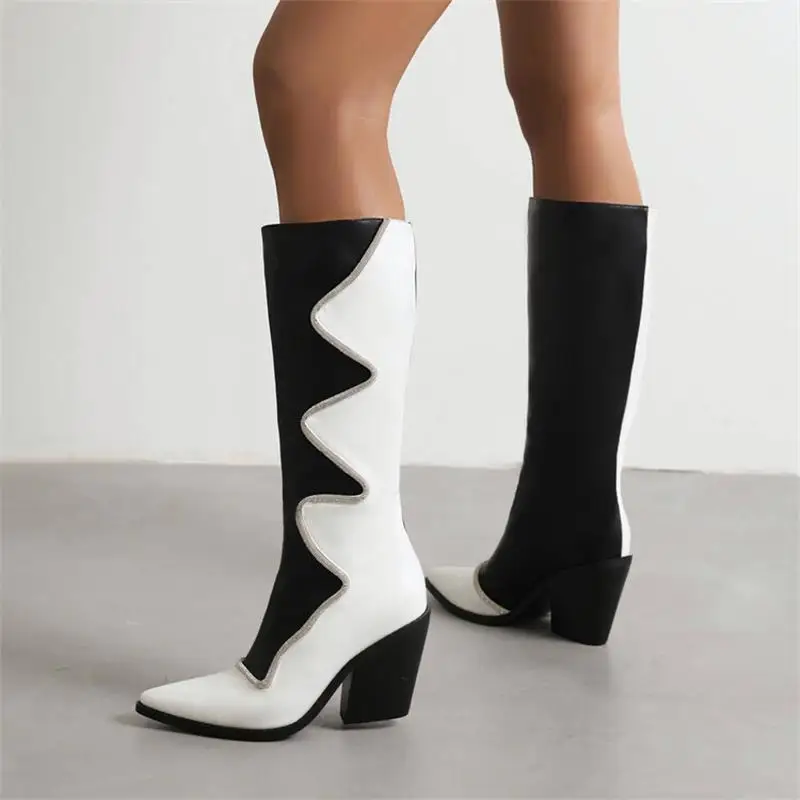 

Women European and American High Boots Color Matching PU Pointed Toe Thick Heels Fashion Street Daily All-match Women Shoes