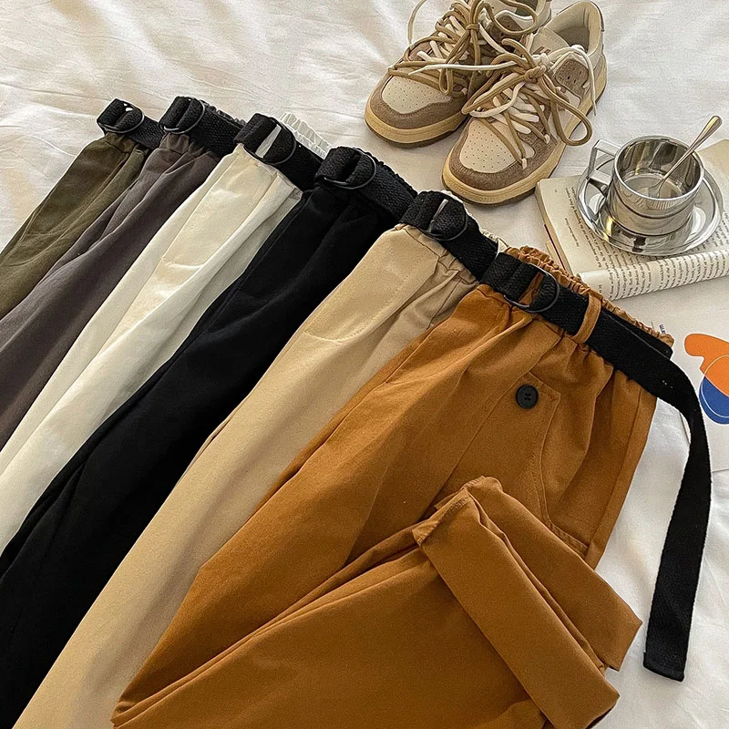 

High Waist Casual Pants Women Solid Loose Daddy Pant Withe Belt Femme Yellow White Fashion Bottoms