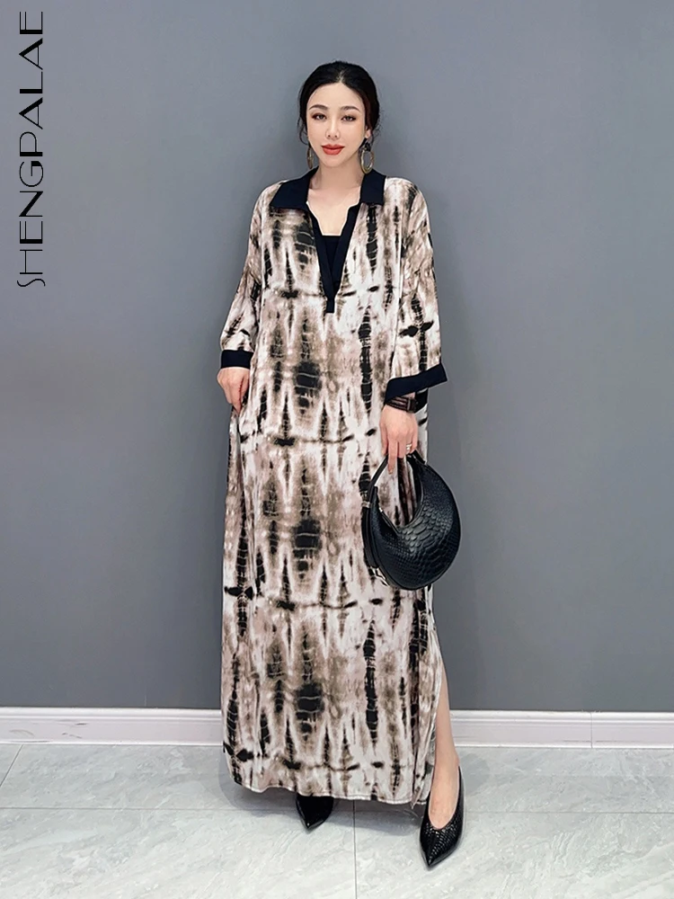 SHENGPALAE Fashion V-neck Contrast Color Dress For Women Three Quarter Sleeve Casual Loose Slit Vestido Summer 2023 New 5R3999