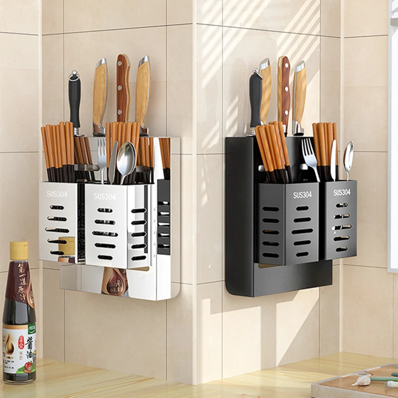 

304 Stainless Steel Wall Mounted Hanging Kitchen Knives Holder with 2 Pcs Cutlery Storage Rack Hooks Tools Organizer Container