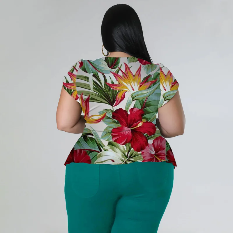 Plus Size Matching Sets Floral Print Tops Shirts And Pants Female Luxury Fashion V Neck Cloth 2023 Summer Women Two Piece Sets
