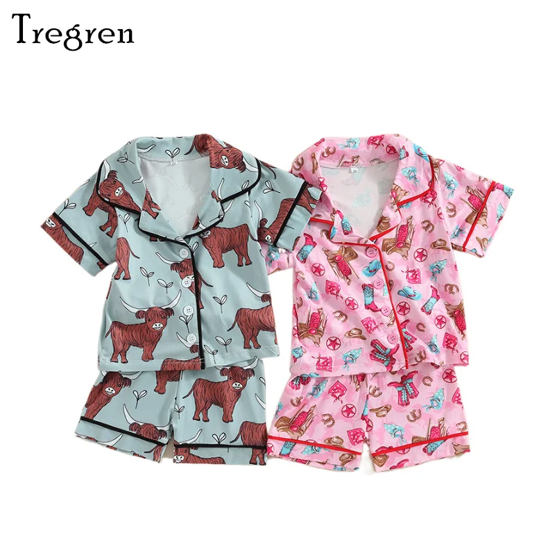 

Tregren 1-4Y Kid Girl Boy Pajamas Set Casual Short Sleeve Lapel Neck Bull Boots Print Buttons Tops Loose Short 2pcs Clothes Sets