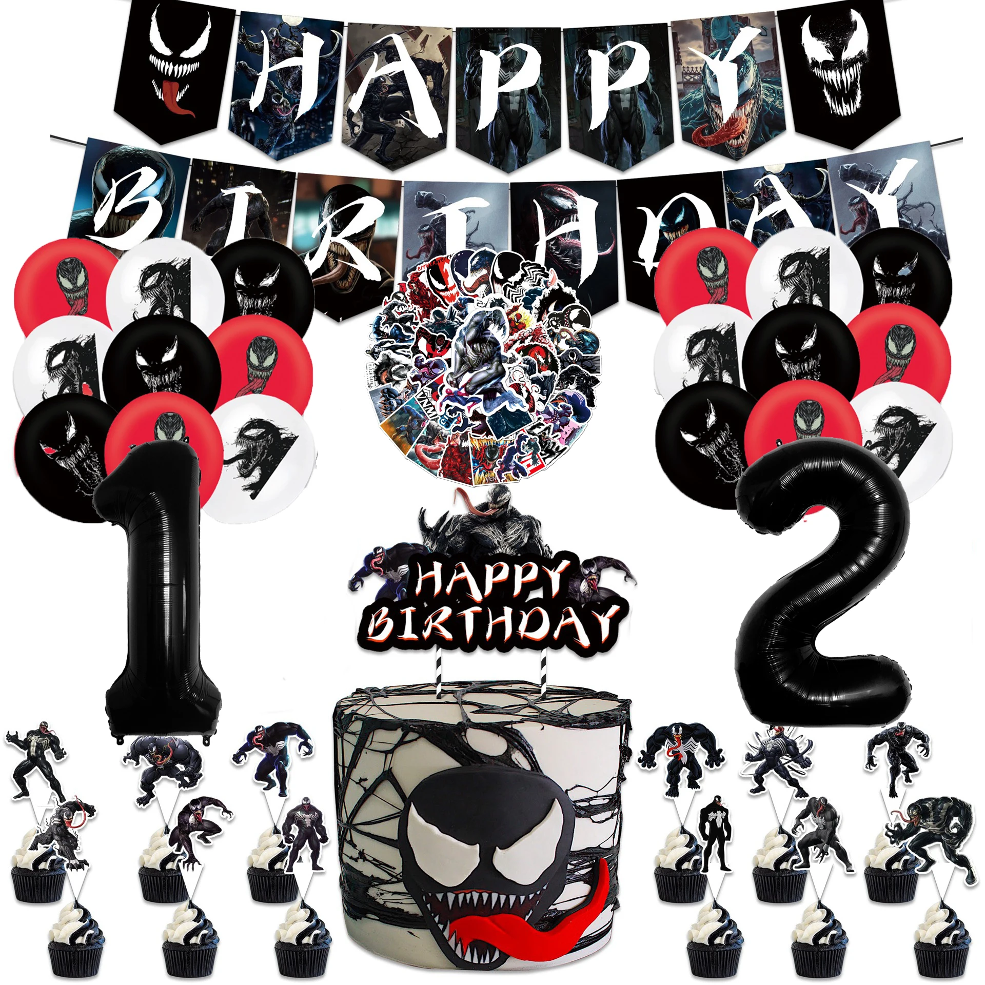 Venom Spider-man Happy Birthday Banners Cake Topper Party Supplies Table Decoraton Boy Children Birthday Latex Balloons Kids Toy