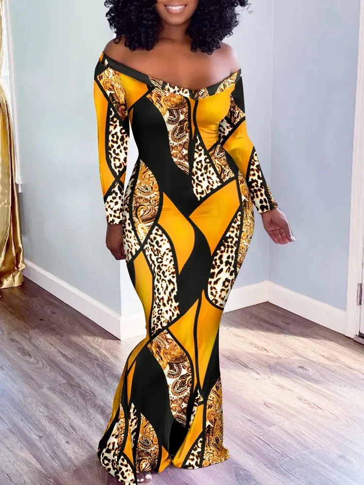 

Женское платье-Русалка с леопардовым принтом, открытыми плечами и V-образным вырезом