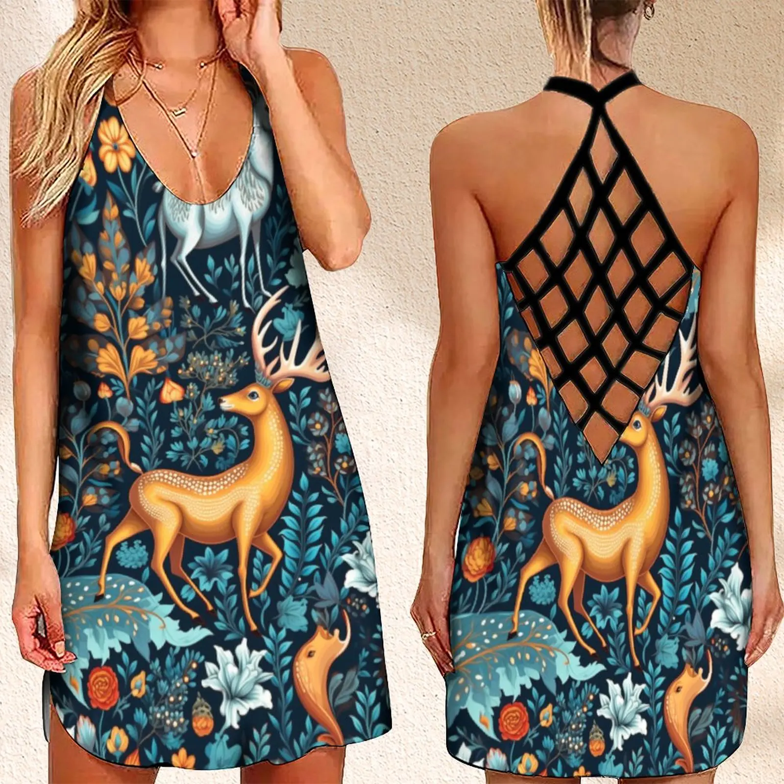 

Женское летнее платье без рукавов, элегантное платье с открытой спиной и принтом «олень»