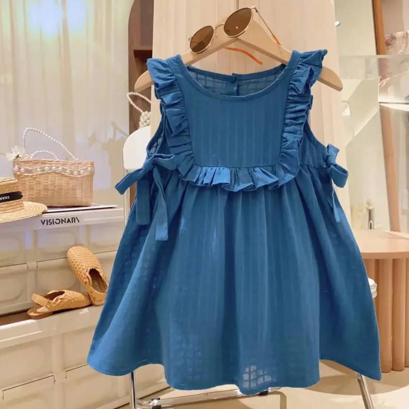 

Summer 2023 Toddler Kids Girls Ruffle Dress Bow Girls Casual Dresses Sleeveless Plaid Printed Princess Dress with Hat 2-7Year