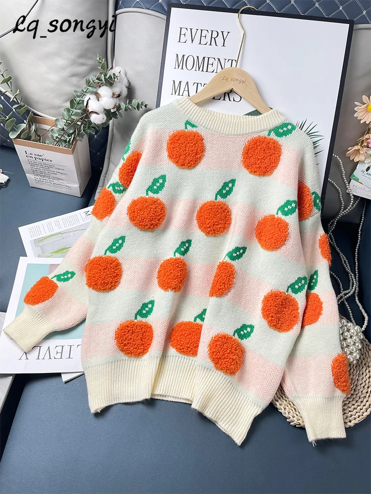 

Sweaters Orange Jacquard Knitted Pullovers 2022 Autumn Winter Sweet Warm Turtleneck O Neck Jumper Y2K Lq_songyi LQ5