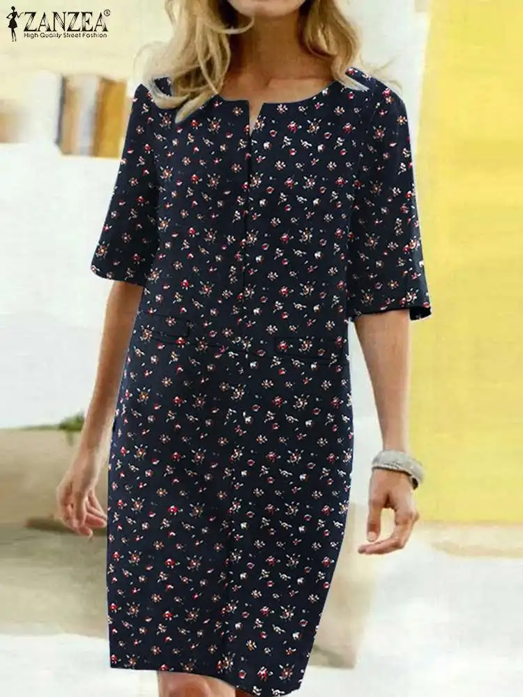 

ZANZEA Vintage Women Floral Printed Short Sleeve Sundress Summer Retro Knee-length Dress Female Casual O Neck OL Work Vestidos