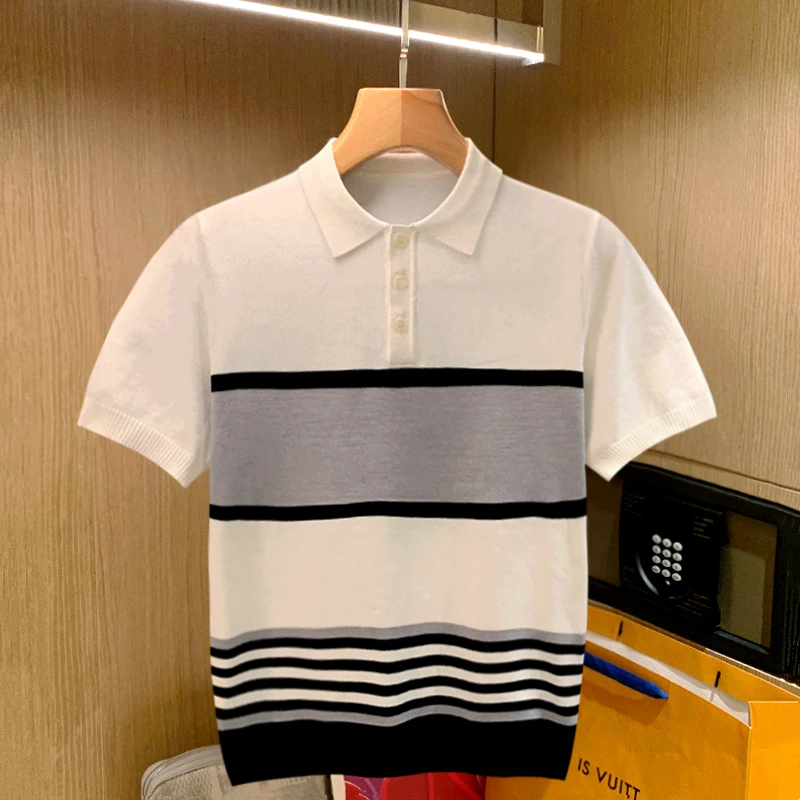 

Men 2022 Fashion Summer Short Sleeve Polo Shirt Male Patchwork Knit Slim Polo Shirts Men Casual Lapel Button Tops Streetwear A60