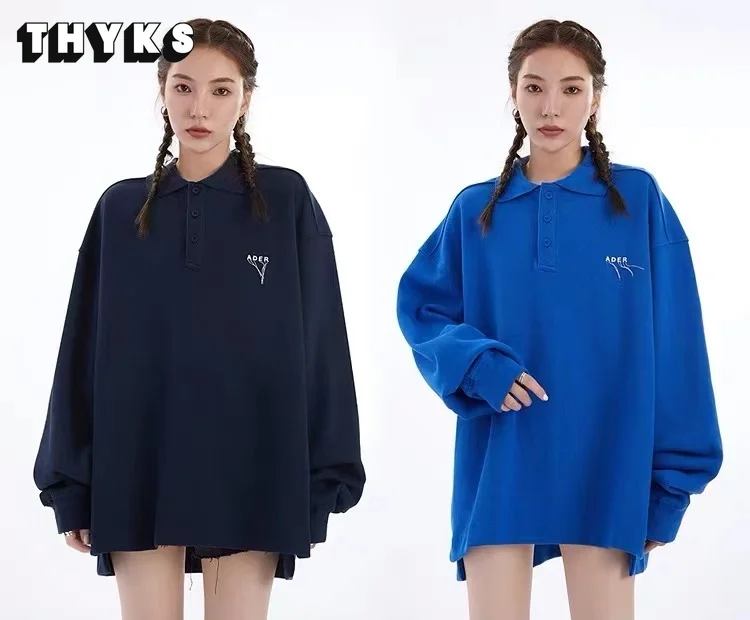 

ADER ERROR Spring and Autumn Fashion Korean Simple Rib Lapel Tassel Embroidered Men's and Women's Sweatshirt Loose POLO Shirt