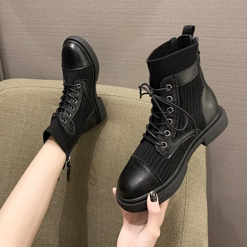 

2022 Winter Women's Boot Fashion Martine Boot Woman Low Heel Square Knit Ankle Boot Pair Zipper Boot Woman Casual Shoes