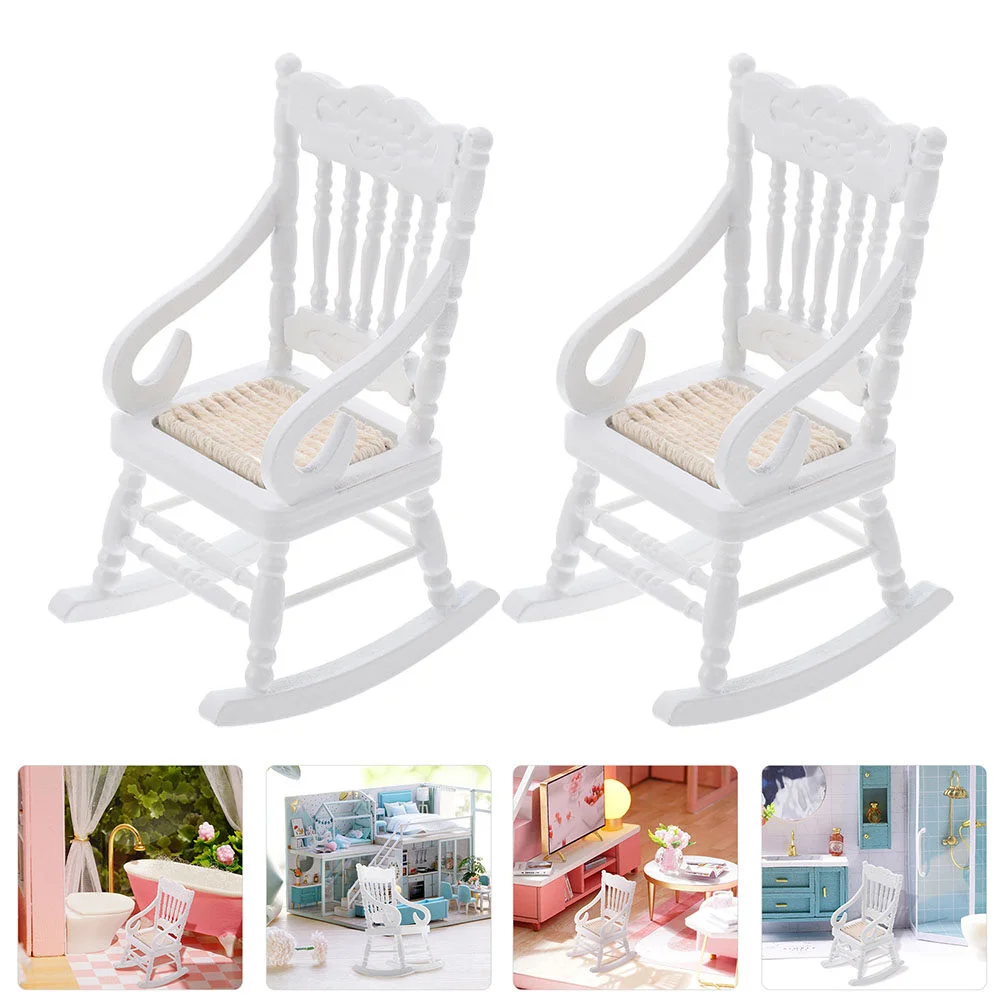 

2 Pcs Miniatures Decorate Dollhouse Adornment Rocking Chair Wooden Model White DIY Modeling Toy