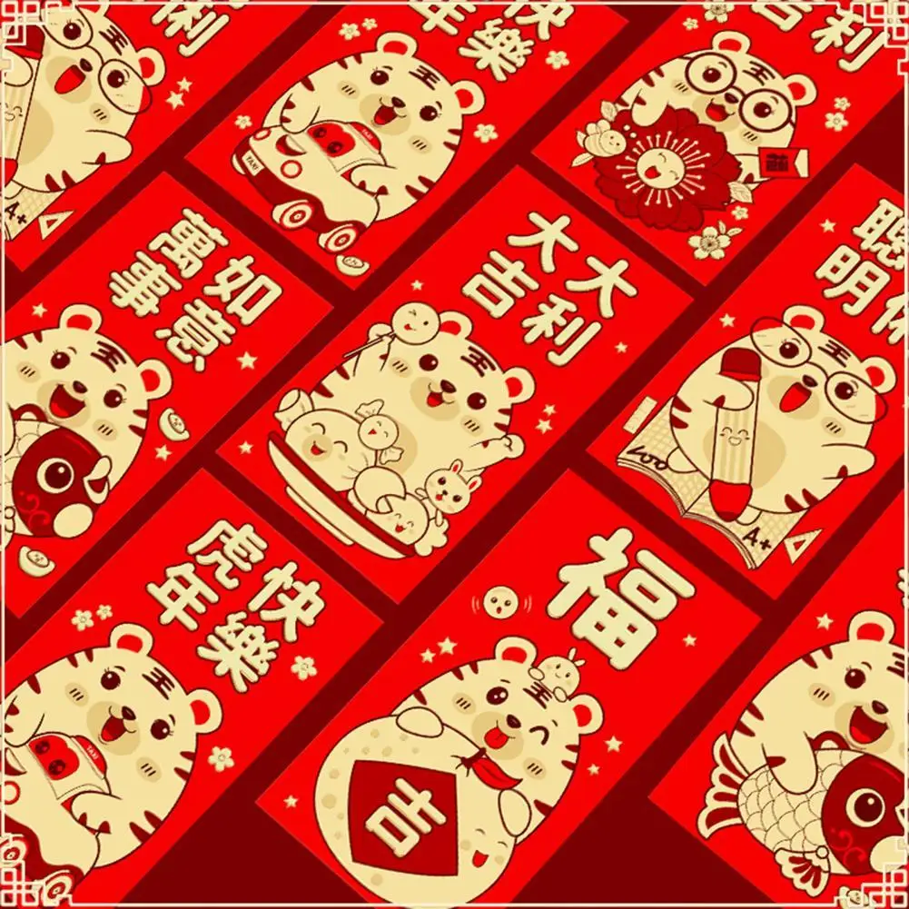 

6Pcs/Set 3D Lucky Money Bag Effect Paper Creative Tiger Pattern Red Pocket Hot Stamping Lucky Money Bag for Spring Festival