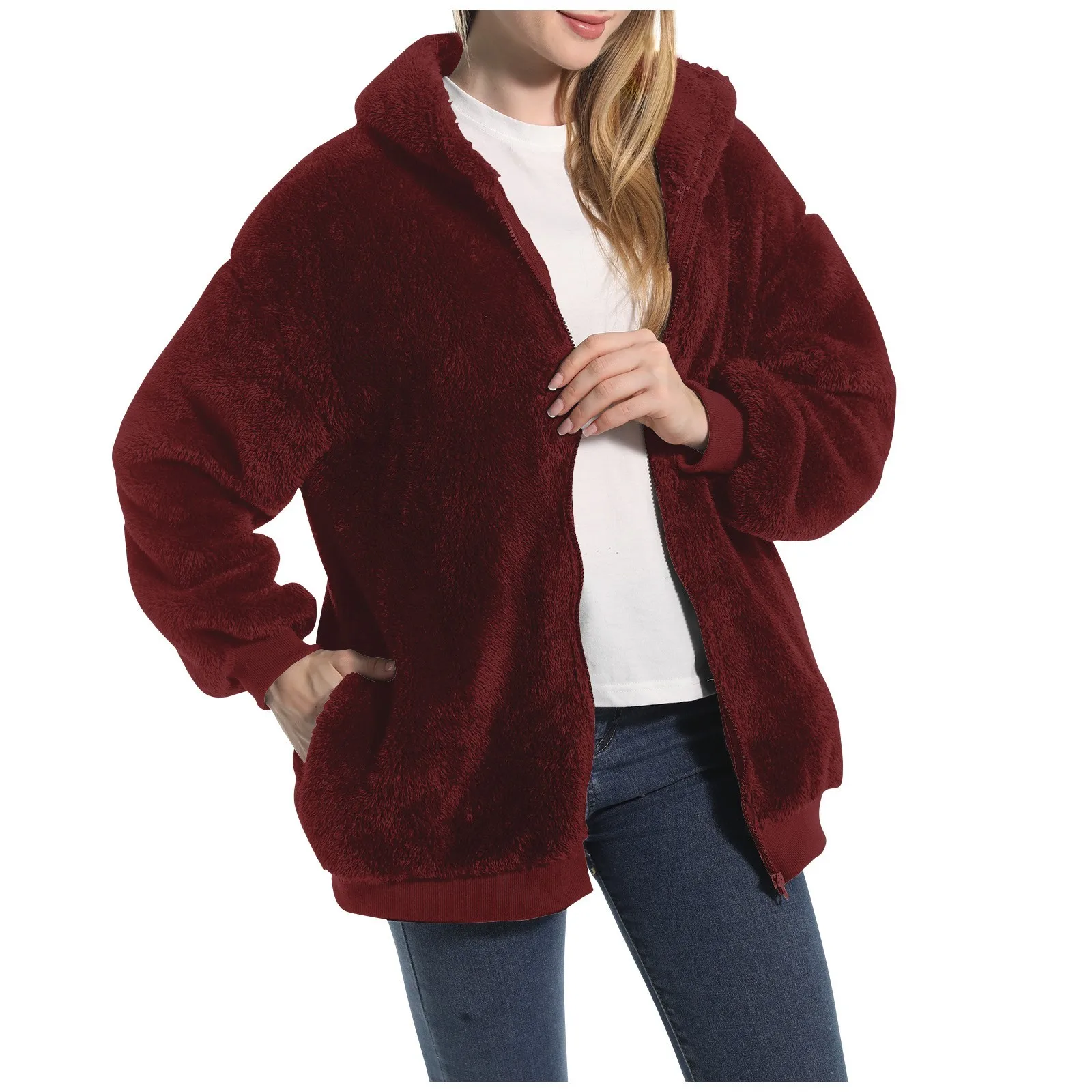 

Женское зимнее пальто, однотонный кардиган на молнии с длинными рукавами, свободное теплое пушистое плюшевое женское удобное пальто, женская куртка да, 2023