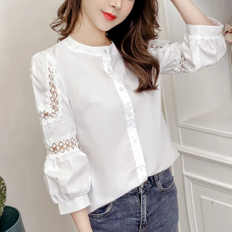 

Round Collar Button Shirt Fashion Hollow Out Shirt Women Cotton Blouses New Autumn Casual Solid White Tops Loose Clothes 27141