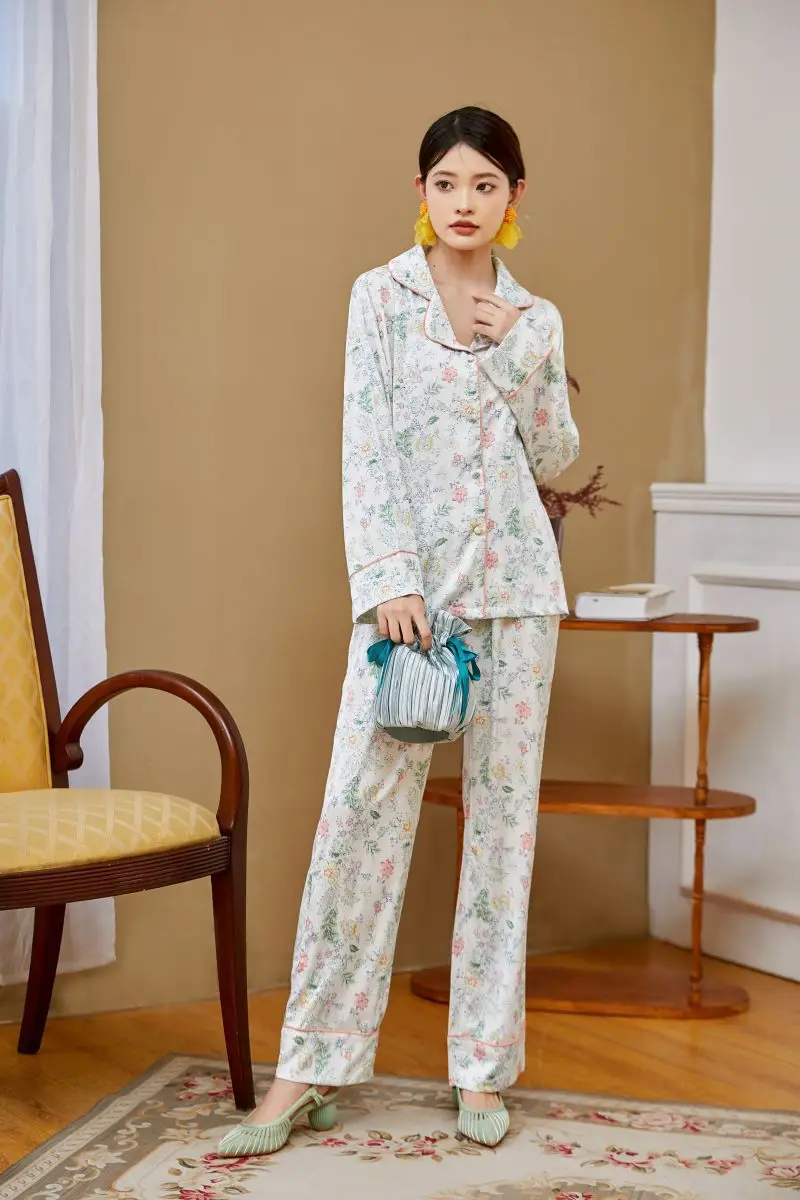 Pajamas women's summer style ice silk long-sleeved trousers high-end homewear suit  женское бельё  pijamas