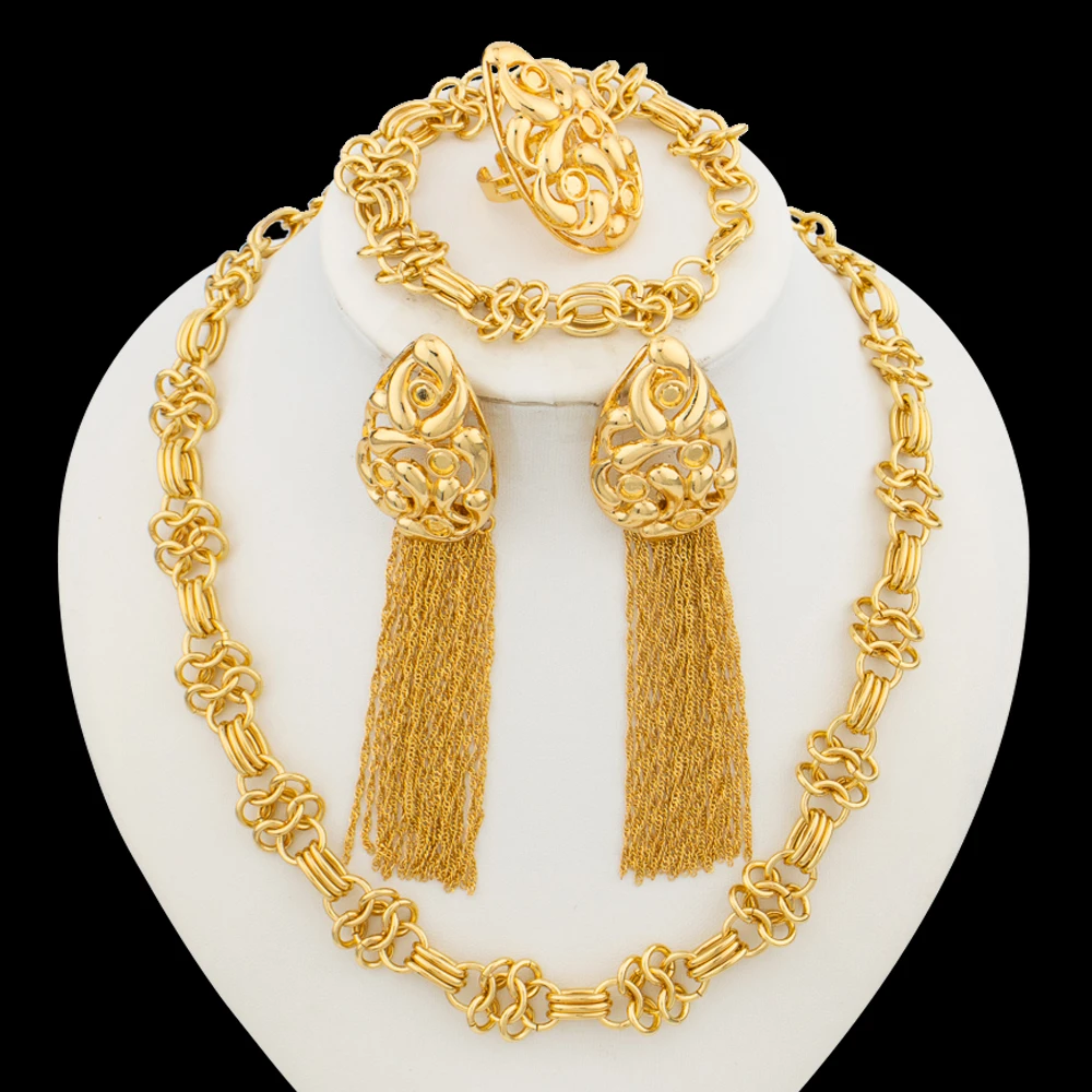 Exquisite Gold Color Jewelry Set for Women Bohemia Weddings Necklace with Earrings Bangle Ring 4Pcs Set for Bridal Party Jewelry