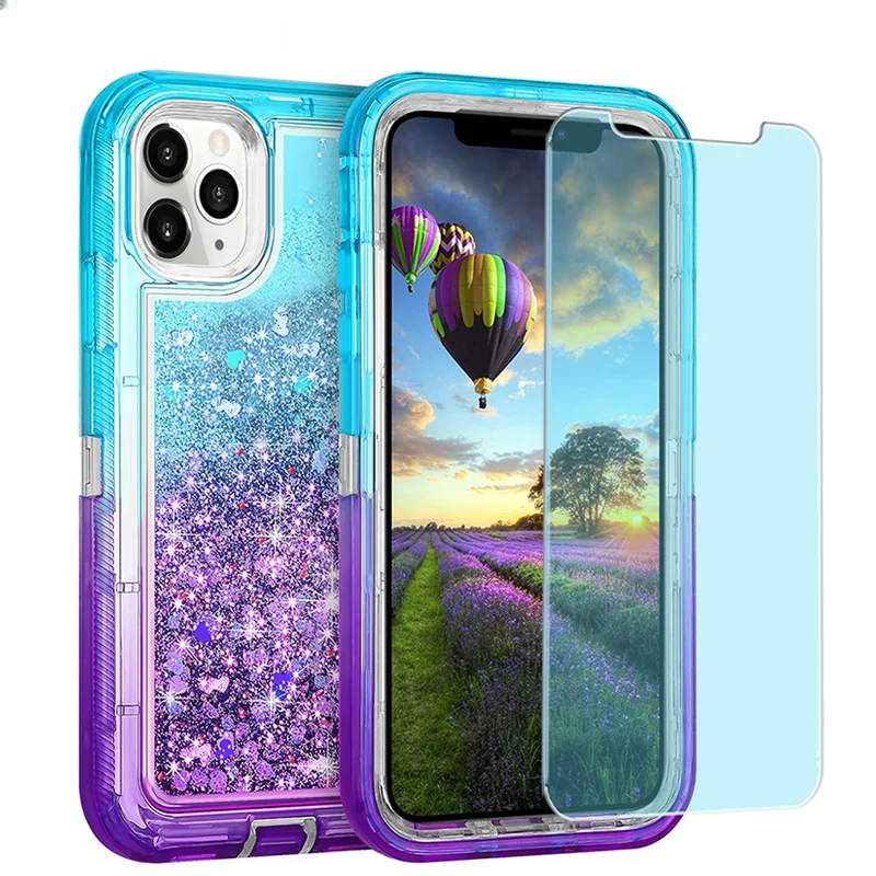 

Glitter Dynamic Liquid Quicksand Case for iPhone 12 11 13 Pro Max X XR 8 7 6 14 Plus Cover Shockproof Armor Phone Cases + Film