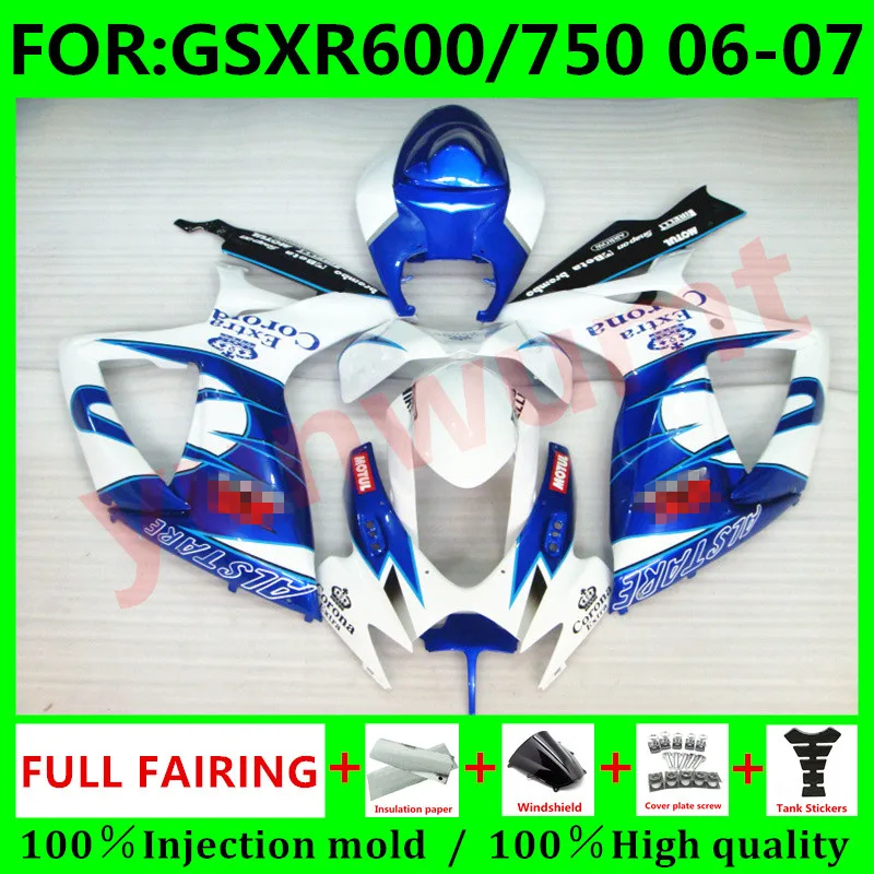 

Обтекатели для кузова нового мотоцикла для Suzuki GSXR600 06 07 GSXR750 2006 GSX-R750 2006 - 2007 K6, Обтекатели синего и белого цвета