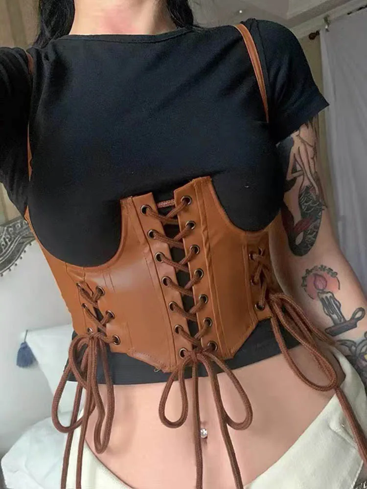 Sexy PU Leather Crop Top Corset Belt Punk Tank Top Women Lace-Up Bandage Wide Waist Belt Gothic Bustier Shapewear Streetwear