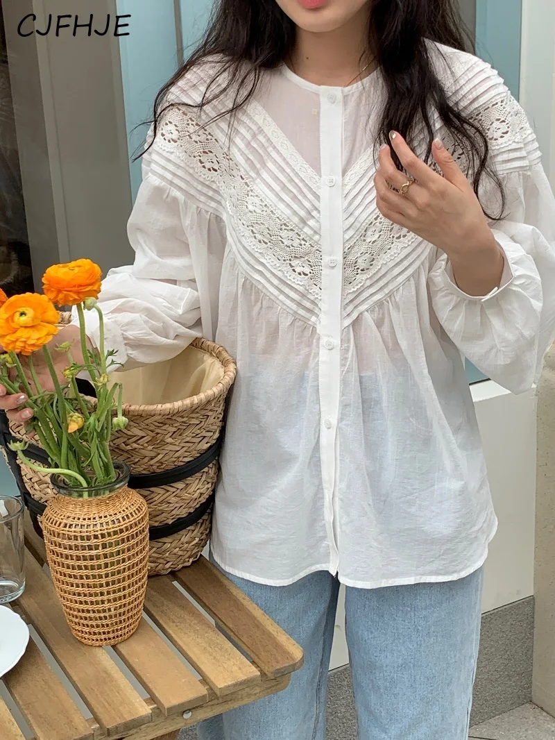 CJFHJE Новинка Женская однотонная плиссированная кружевная рубашка в стиле пэчворк