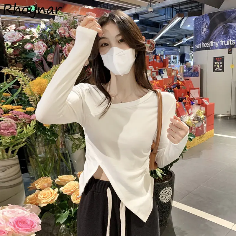 

Irregular Slit T-shirts Women Autumn Ins Long Sleeve Clothes New Stylish Sexy Girls Fashion Korean Pure All-match Crop Tops Chic