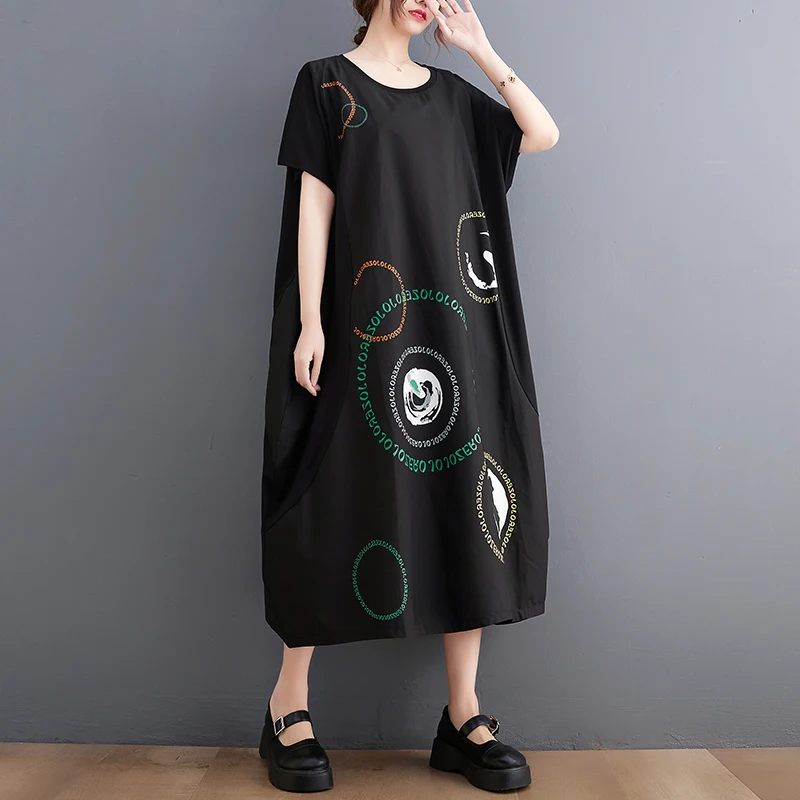 

Женское винтажное платье оверсайз, свободное Черное длинное платье с коротким рукавом и принтом, лето 2023