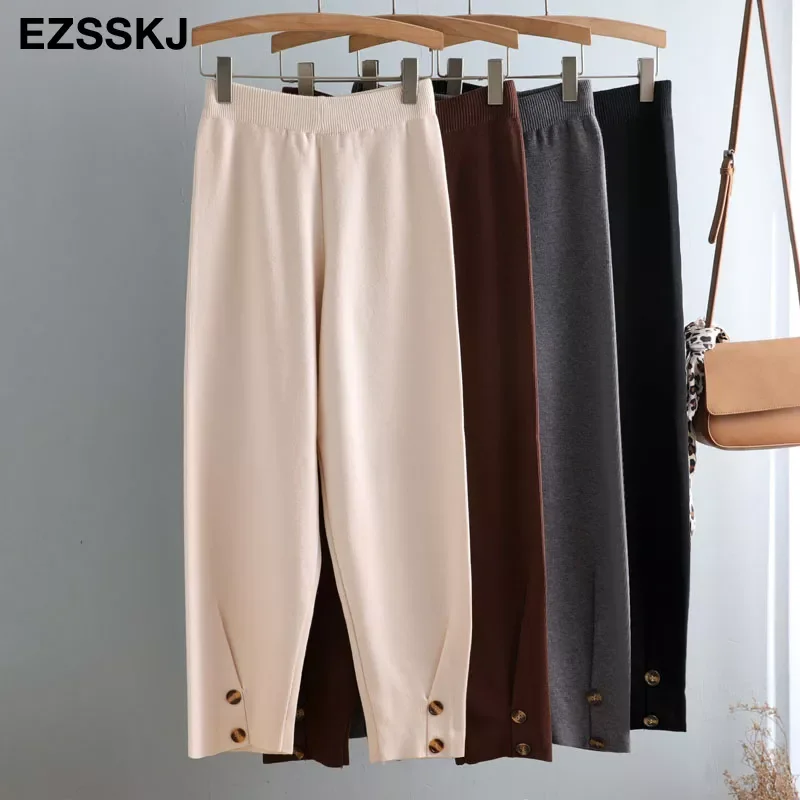 

New2022 Elastic Waist BUTTON Trousers Thick Knitted Harem Pants Autumn Winter Sport pants sweater Knitted Carrot pants