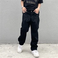 y2k emo mens fashion black streetwear embroidered low rise baggy jeans trousers straight hip hop alt denim pants male clothes