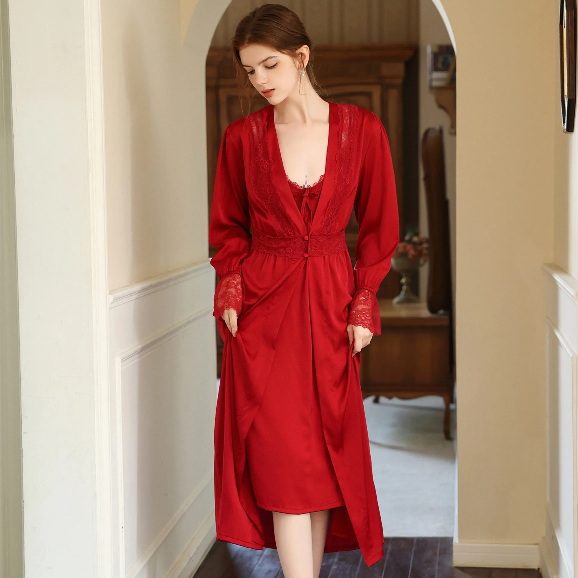 

V-Neck Kimono Nightwear 2 Pieces Robe Set Femme Sleepwear Sexy Bathrobe&Chemise Nightgown Suit Lace Gown Intimate Lingerie