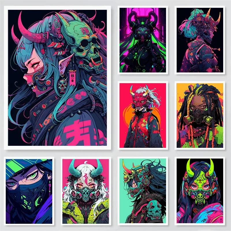 Киберпанк Самурай Девушка Холст Принт Без Рамы Настенное Искусство Японский