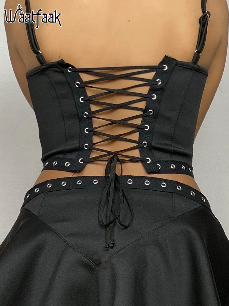 

Укороченный черный женский топ Waatfaak с открытой спиной, в стиле панк, сексуальная клубная одежда, уличный Готический корсет, топ, темная акад...