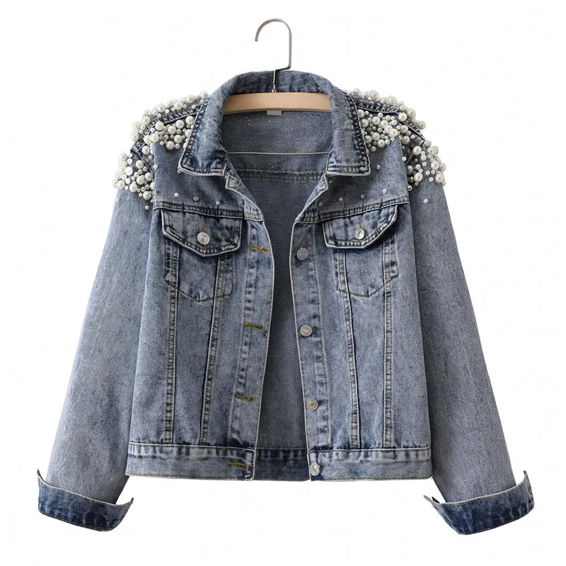 

Women's Oversize Denim Jacket Jeans Jacket Pearl Basic Coat Female Jeans Female Coats Long Sleeve Top Elegant Cowboy Outerwear