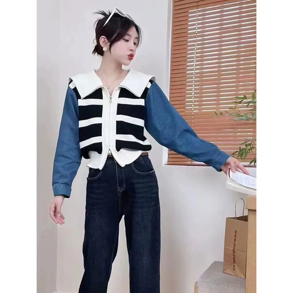 

Design sense lotus leaf collar double zipper sweater coat female 2023 new slim top cardigan