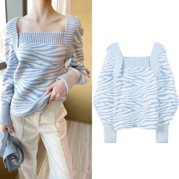 Korejepo сине-белые полоски контрастных цветов квадратный воротник ленивый свитер