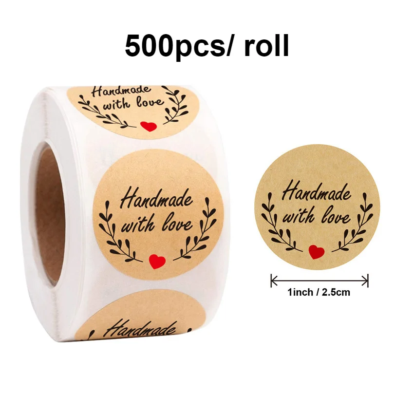 500 шт./ рулон Натуральная крафт-бумага "Сделано с любовью" наклейки "Спасибо" Этикетки с печатью "Любовь" для упаковки подарков Стикеры для скрапбукинга.