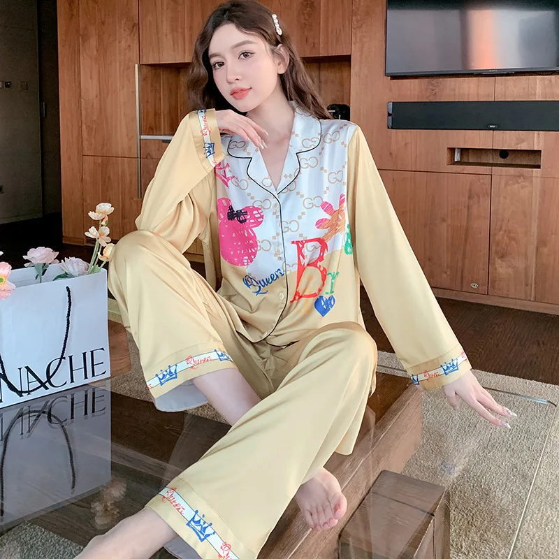 Ice silk pajamas women's autumn long-sleeved trousers thin two-piece suit  bộ đồ ngủ mùa hè nữ  pajamas for women