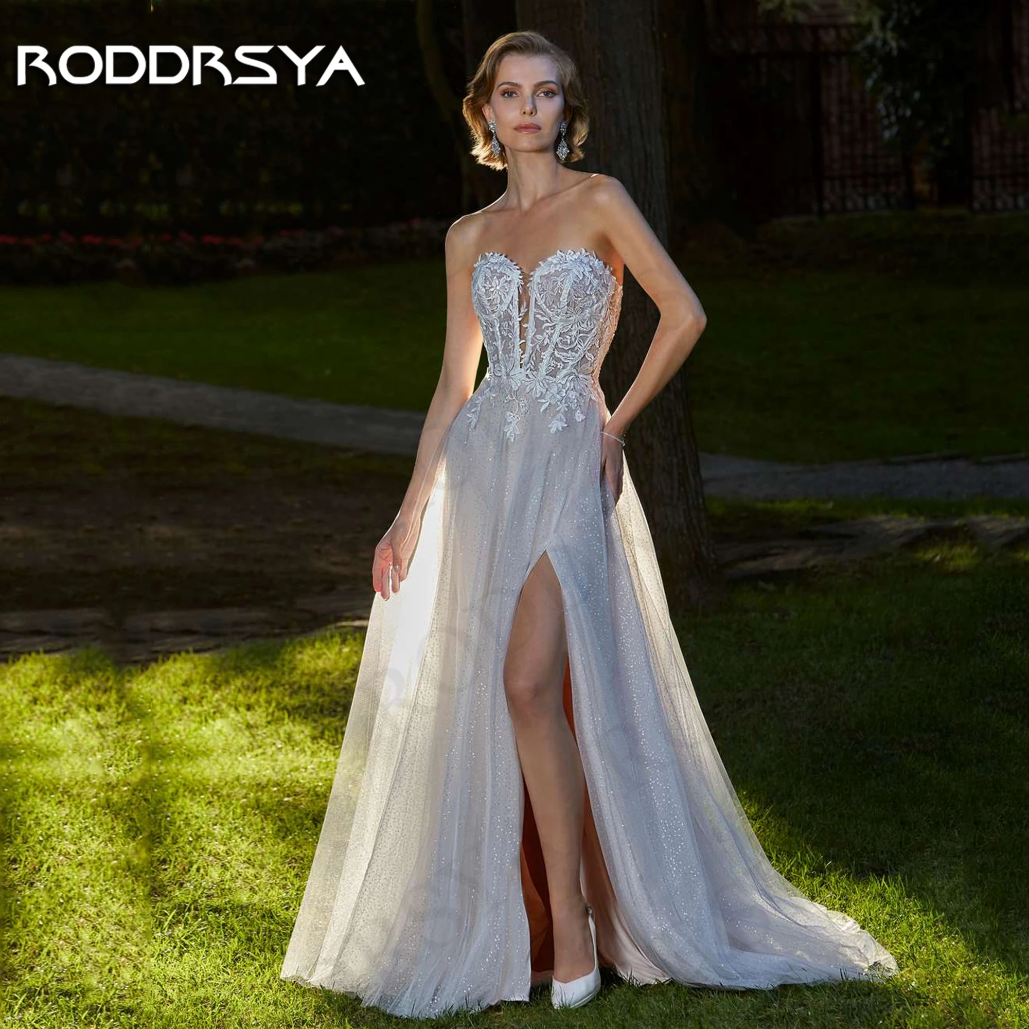Фото RODDRSYA элегантное блестящее свадебное платье для невесты с разрезом и открытыми плечами тюлевые свадебные платья свадебные женские свадебные платья а-силуэта Элегантные блестящие свадебные платья для невесты  Сплит O №4