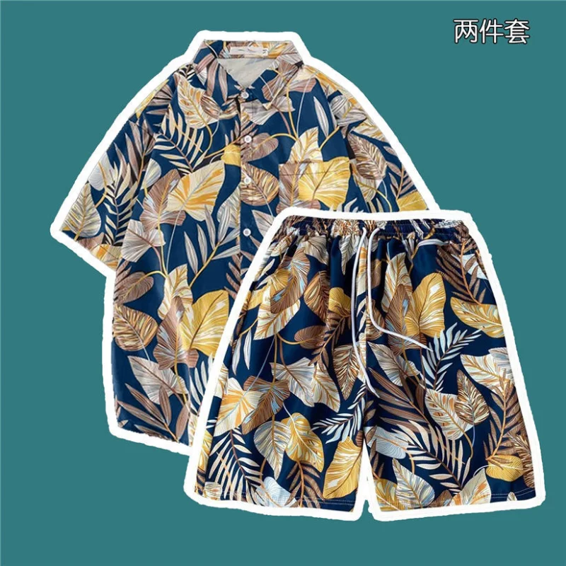 Beach Wear Clothes Men Hawaiian Print Shirt Set 2023 Men 2 Piece Set Quick Dry Hawaiian Shirt and Shorts Casual Hawaiian Suits