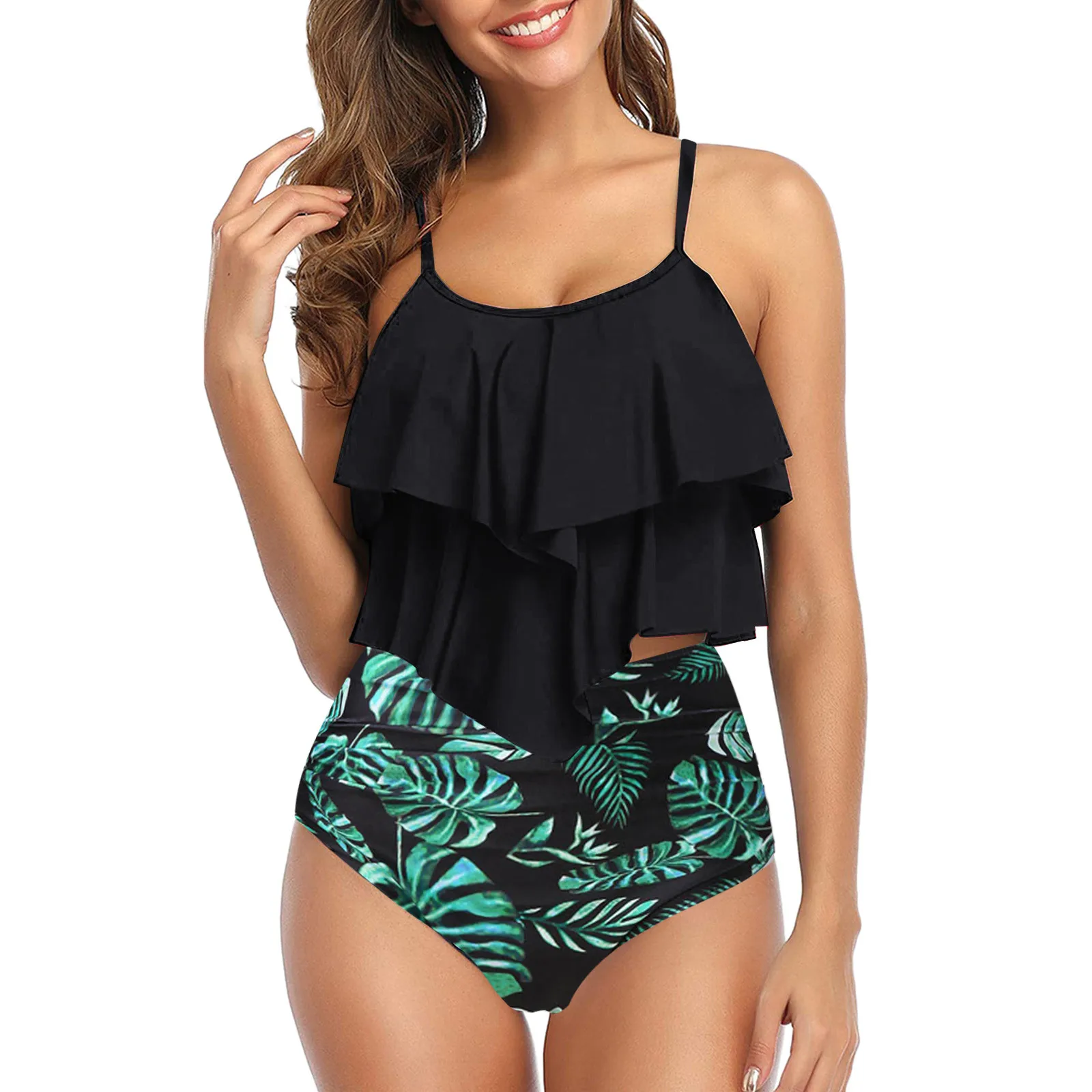 

Womens Split Swimsuit Ruffle Summer Tankini Two-Piece Tummy Floral Swimwear High Waist Bikini Bathing Suit Vintage Beachwear