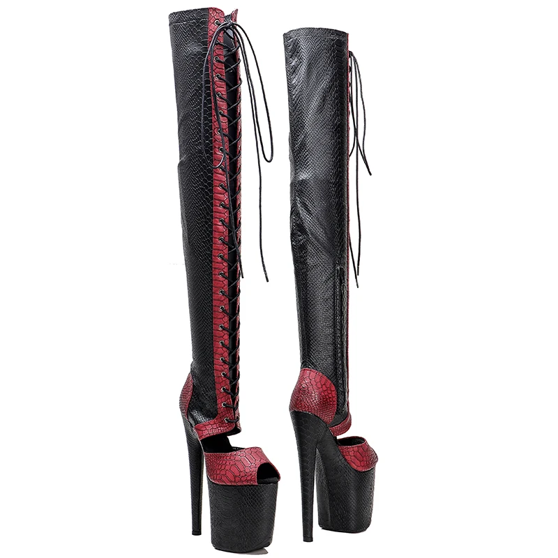Leecabe 20CM/8Inch Snake PU UPPER  black with red color  Platform disco party High Heels Shoes Pole Dance boot