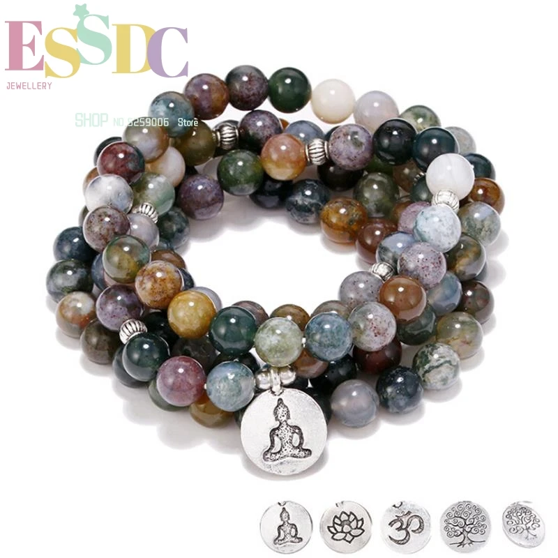 

ESSDCW New Arrival Colorful Natural Stone Buddha Pendant 108 Mala Beaded Lotus Charm Yoga Meditation Prayer Bracelet